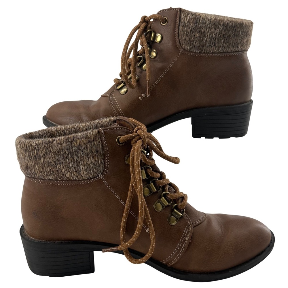 St. Johns Bay Dasher Ankle Boots 7 Brown Knit Collar Lace Up Hiker Block Heel‎